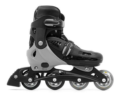 The SFR Cyclone II Adjustable Inline Skates - Ninja, crafted by SFR in a sleek black and gray color scheme, are set against a white backdrop. These skates feature four robust PU wheels and adjustable straps integrated into their solid plastic frame, designed with an adjustable sizing system to provide extra durability and comfort.