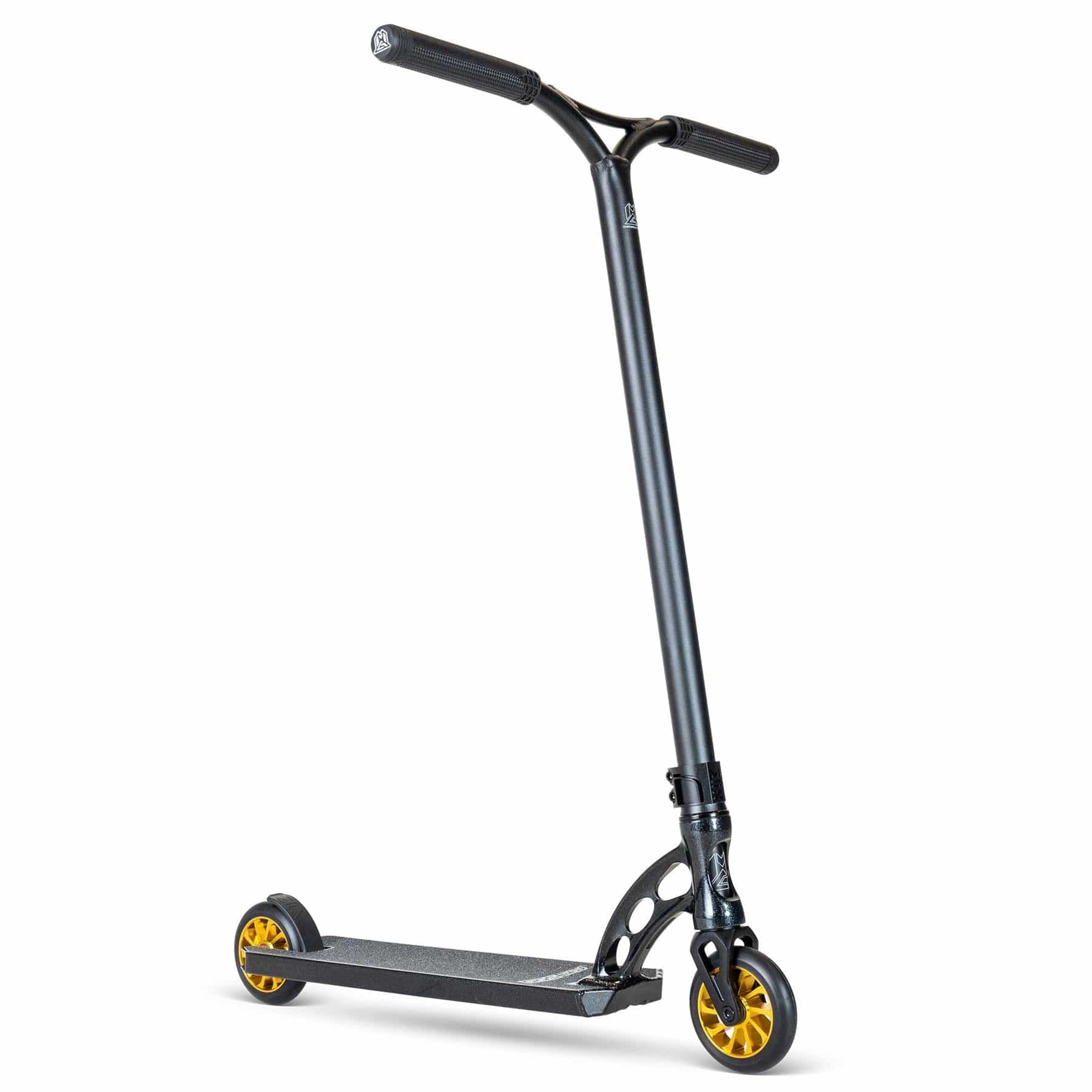 The MGP VX Origin III 500 Complete Stunt Scooter in Diamond Black Metallic by Madd Gear features a T-shaped handlebar, vibrant yellow wheels, a minimalist design, sturdy frame, and textured deck for grip, making it perfect for outdoor activities and sports.