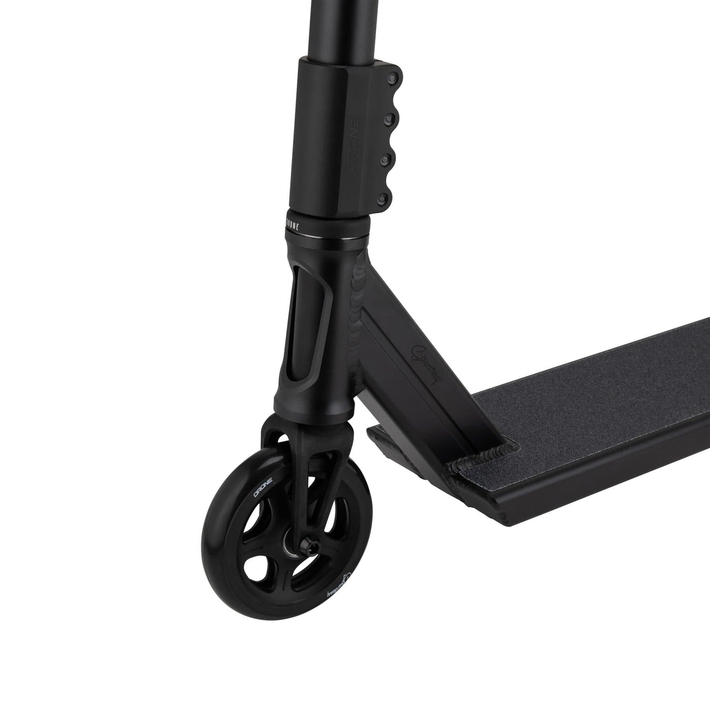 Detailed view of the Drone Element 'Saundezy' Signature Complete Stunt Scooter in black, showcasing its front wheel attached to a sturdy fork, ideal for street tricks. The deck offers a textured grip surface for stability with a sleek, modern design highlighting durability.