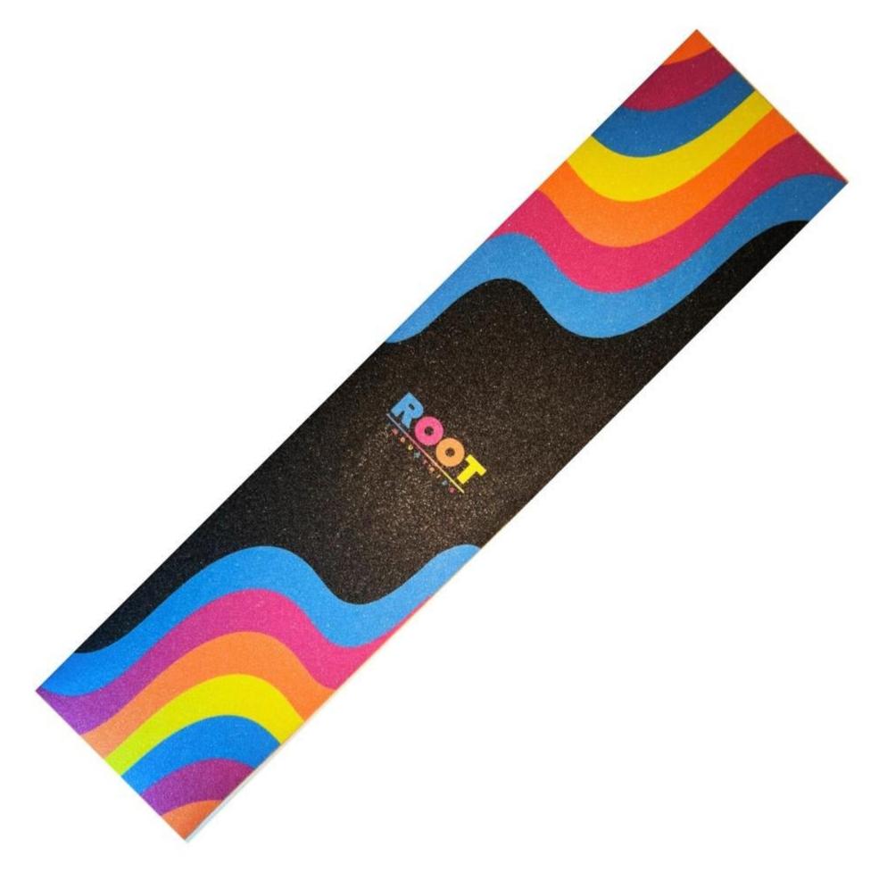 A skateboard deck featuring a black background adorned with vibrant wave patterns in shades of blue, red, yellow, and pink along the edges. The word "ROOT" is prominently displayed in the center in multicolored letters, enhanced by top-notch grip from Root Industries Stunt Scooter Griptape - Donuts, renowned for its high-quality materials.