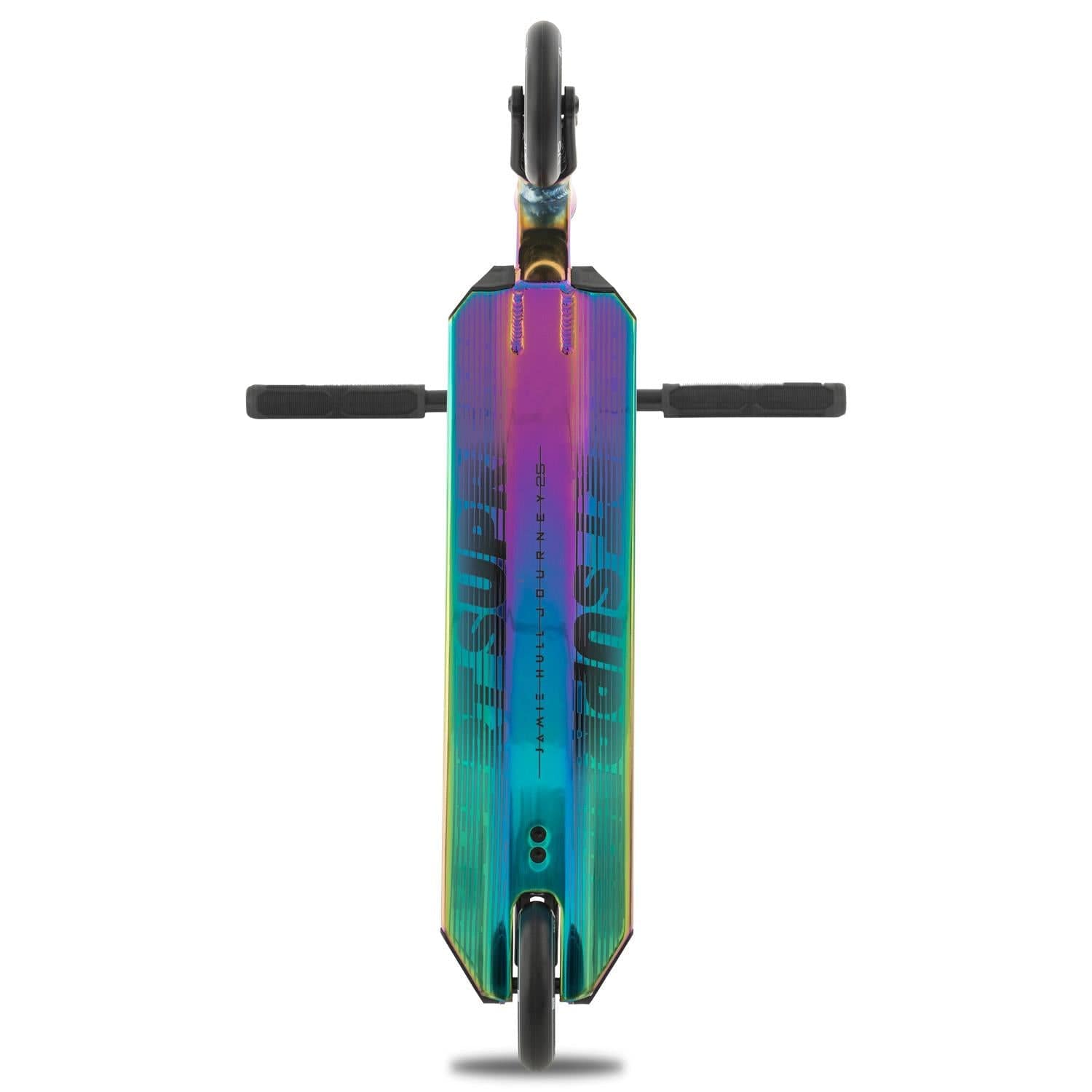 From a top-down perspective, the Invert Supreme Journey 2.5 Jamie Hull Stunt Scooter in Oil Slick Neochrome captivates with its sleek, metallic deck featuring two wheels and robust black handlebars. Ideal for intermediate riders, its color transitions from blue to purple, producing a stunning rainbow effect on the surface.