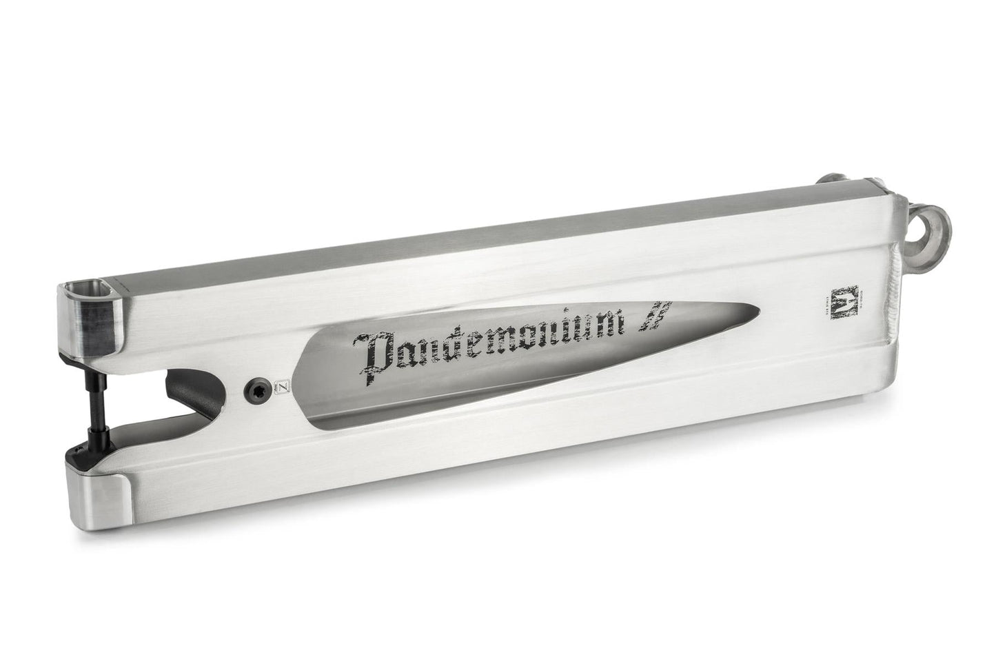 This is a silver-tone mechanical piece crafted from 6061-T6 aluminum, featuring "Pandemonium" engraved on one side. It has a smooth, rectangular shape with a tapered end and a small loop on one side, reminiscent of the Ethic DTC Pandemonium V2 Boxed Raw Stunt Scooter Deck measuring 5.5" x 22.8".