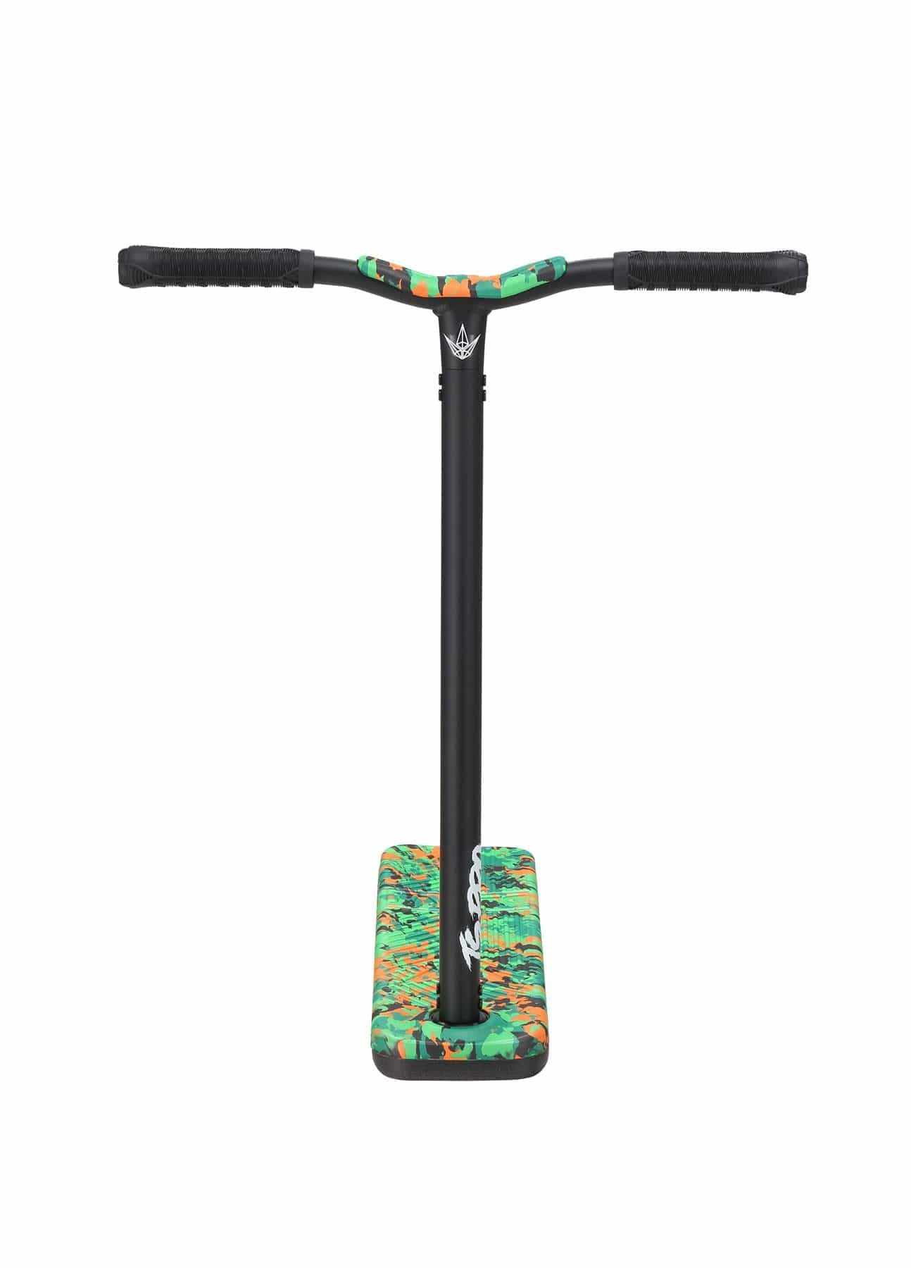 A scooter handlebar in black with a deck showcasing a vibrant orange camo pattern, incorporating shades of green and black. The textured handgrips provide a secure hold, while the Blunt Envy logo on the deck ensures both style and performance, echoing the promise of the Blunt Envy TS Pro 6 Indoor Trampoline Stunt Scooter - Orange Camo.