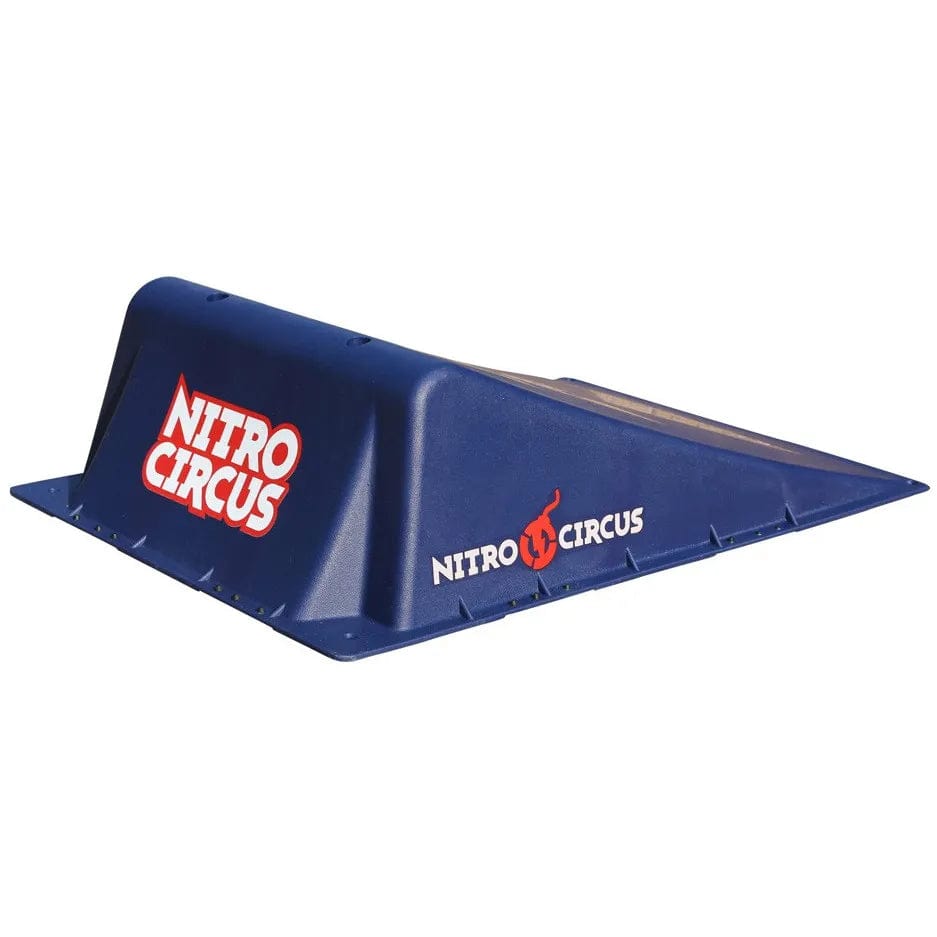 The Nitro Circus Mini Launch Ramp, branded with the "Nitro Circus" logo in white and red on the side, is a blue skateboard ramp crafted from high-impact polyethylene. Its sloped design is perfect for performing tricks, and it's easily portable for adventures on-the-go.