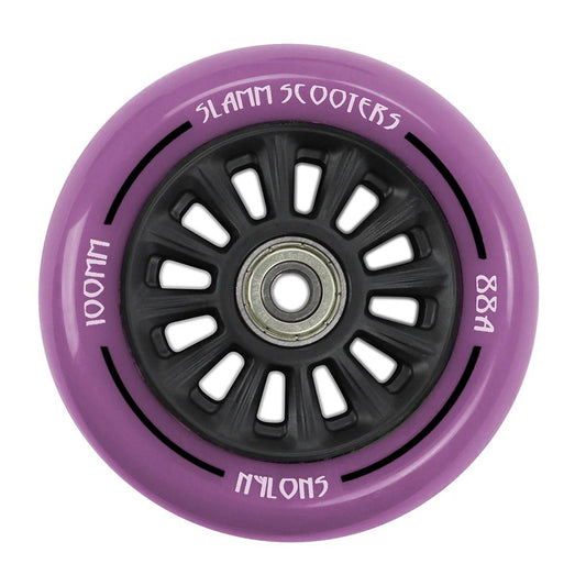 The Slamm Nylon Core 100mm Stunt Scooter Wheel - Purple boasts a purple polyurethane composite with a sleek black multi-spoke hub. The wheel displays "Slamm Scooters," "Nylon," "100mm," and "88A" markings, and features ABEC 9 Chrome Bearings at its center.