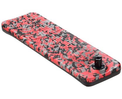 Enhance your Blunt Envy TS Pro 7.5 Indoor Trampoline Stunt Scooter in Red Camo gear with a rectangular kneeling pad that features a black, red, and gray camouflage pattern and textured surface. It includes a raised black nozzle at one end, making it ideal for sporty adventures.