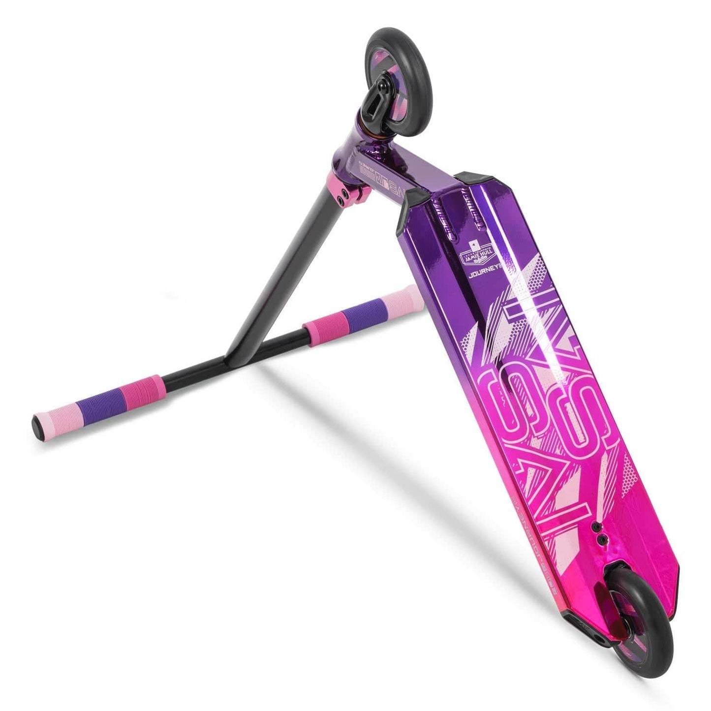 Introducing the Invert Supreme Journey 1+ Jamie Hull Stunt Scooter in Tri Electro Pink / Purple. This vibrant scooter features a striking purple and pink deck adorned with captivating graphics, making it a perfect choice for young riders. The handlebars come partially wrapped in pink and purple grips, ensuring comfort and style as you show off at the skatepark. When folded, the scooter displays its vivid deck facing upward.