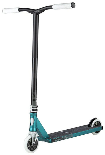 The Lucky Prospect 2025 Complete Stunt Scooter - Daydream is a sleek black and teal scooter with a black T-bar featuring white grips, a sturdy non-slip deck, and two white wheels, ideal for stunts. Lightweight and perfect for those ready to elevate their skills.