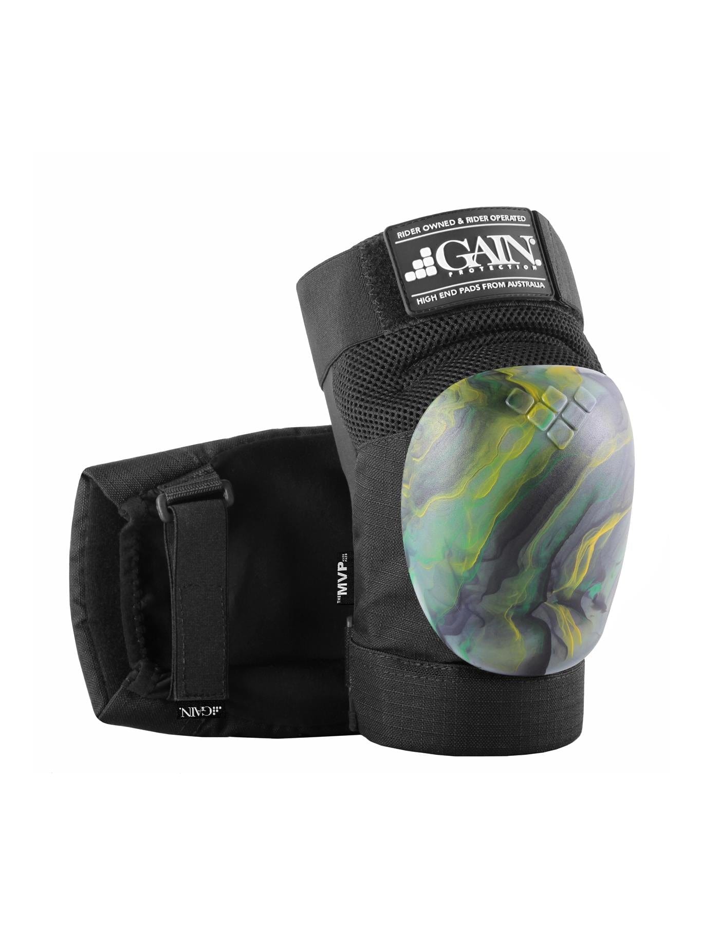 A pair of GAIN Protection The MVP Knee Skate Pads in Gold and Green features durable Cordura material and a multicolored, textured cap. The cap displays swirls in green, yellow, and gray. One knee pad stands upright featuring the "GAIN" logo, while the other lies horizontally beside it.