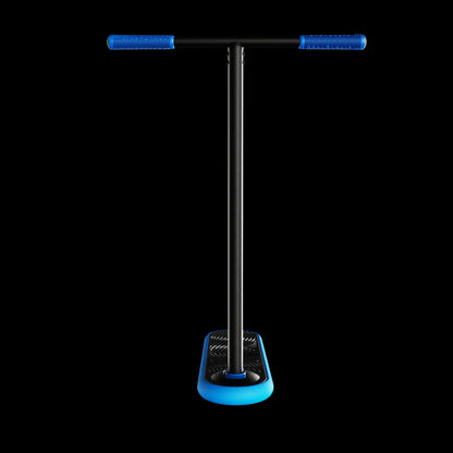 The INDO Pro V2 Indoor Trampoline Stunt Scooter, in black and blue, is showcased against a black background. Designed for pro-level riders, it has blue rubber handle grips and a matching foot base, echoing the style of an INDO scooter.