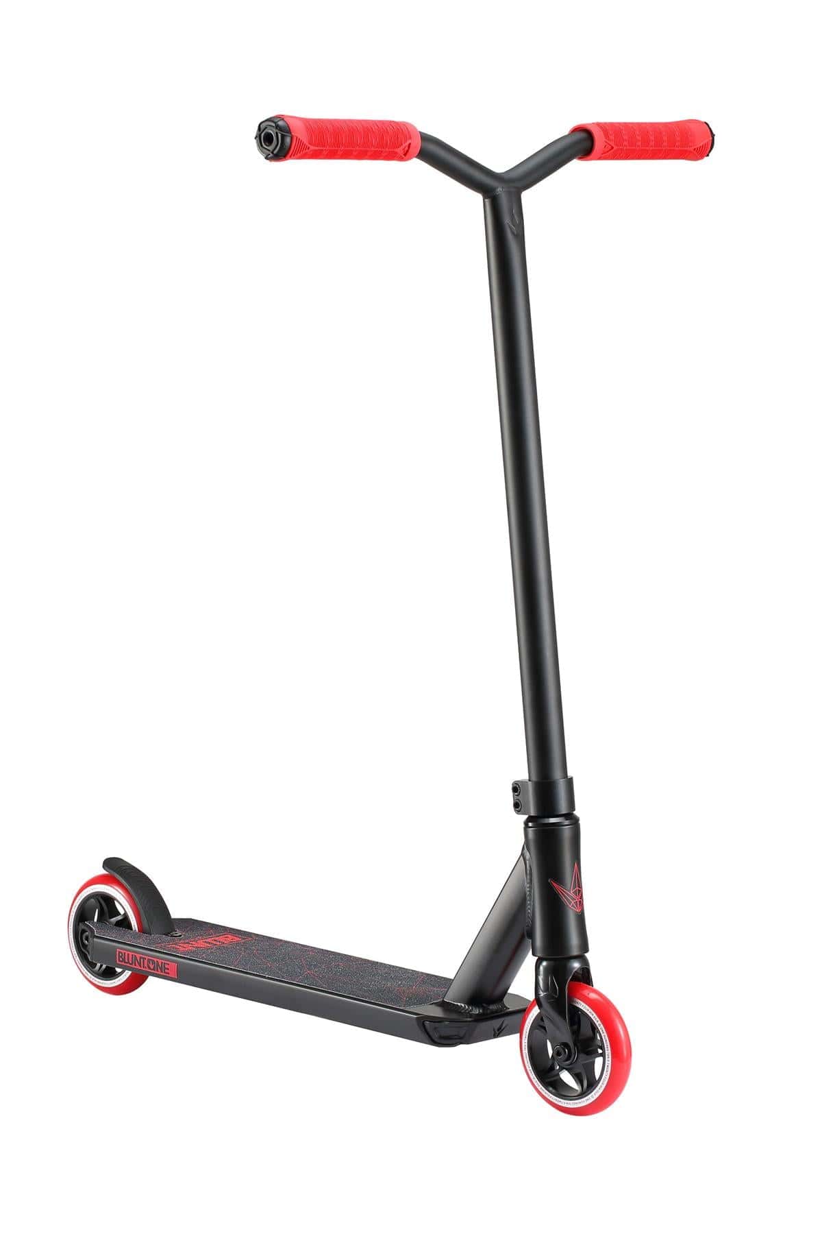 Introducing the Blunt Envy ONE S3 Complete Stunt Scooter in Red. This scooter features vibrant red handles and wheels, showcasing a sleek black frame with a striking red graphic on the deck. With its T-shaped handlebars and small rear fender, it's an ideal choice for beginner scooter riders looking for style and performance.