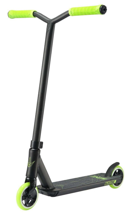 The Blunt Envy ONE S3 Complete Stunt Scooter - Lime showcases a sleek design with a sturdy, angular frame and features neon green handlebars and wheels. Its aluminium deck provides grip while the durable pro scooter parts enhance its performance, all presented against a white background.