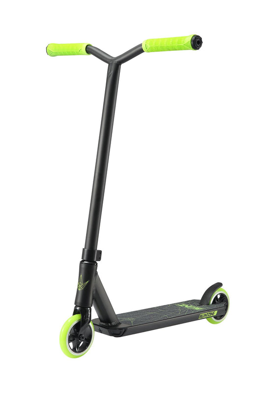 The Blunt Envy ONE S3 Complete Stunt Scooter - Lime showcases a sleek design with a sturdy, angular frame and features neon green handlebars and wheels. Its aluminium deck provides grip while the durable pro scooter parts enhance its performance, all presented against a white background.