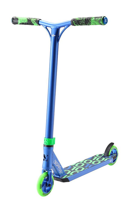 The Sacrifice Flyte 100 V2 Complete Stunt Scooter - Blue/Green features a blue deck with a black and green circular pattern, T-shaped handlebars with detailed grips, and green wheels for a sleek and modern look.