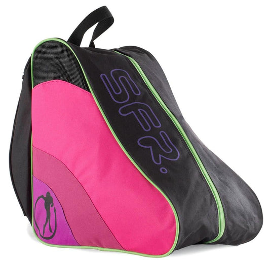 The SFR Ice & Skate Bag II - Disco is a pink and black roller skates carry bag with a green zipper, showcasing the letters "SFR" and an image of a person skating. It features an adjustable shoulder strap for easy transport and includes a convenient carrying handle on top.