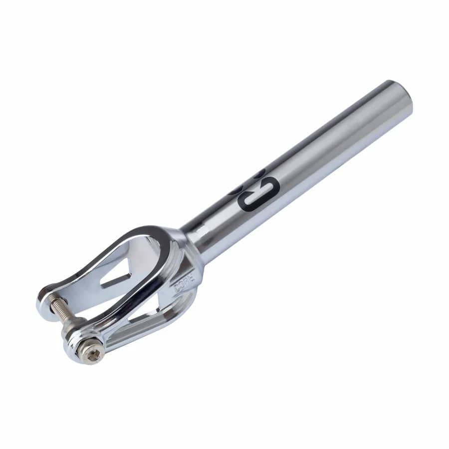 The CORE SL2 IHC Stunt Scooter Forks in chrome are crafted from durable aluminum, featuring a long cylindrical tube and a U-shaped base with bolt holes. Ideal for a scooter upgrade, the design is highlighted by an engraved CORE logo on the side.