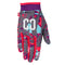 Introducing the CORE Aero Skate Protection Gloves - Neon Splat, vibrant gloves designed with abstract patterns in purple, teal, and red. These gloves feature "CO" initials on the back and are accented with red trims around the wrist and fingers. Plus, they are touch screen friendly, keeping you connected on every ride.