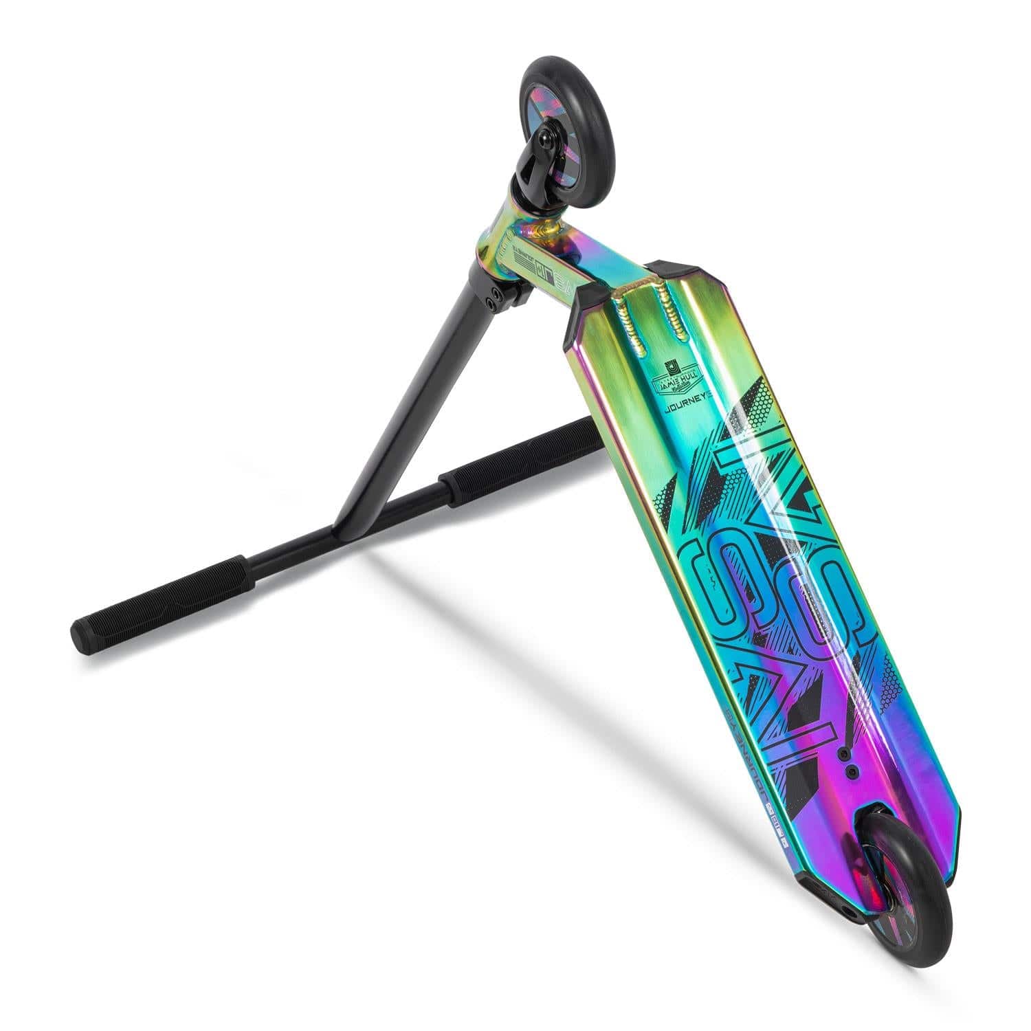 The Invert Supreme Journey 1+ Jamie Hull Stunt Scooter - Oil Slick features a colorful iridescent finish with black handlebars and 110mm hollowcore wheels. Its deck is adorned with vibrant text and patterns, angled on a white background.