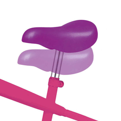 This illustration showcases the Ozbozz My First Balance Bike - Pink / Purple, featuring an upward-angled bicycle seat in pink and purple, emphasizing its adjustable seating feature. The design highlights the bike's versatility with two seating positions for optimal comfort and convenience.