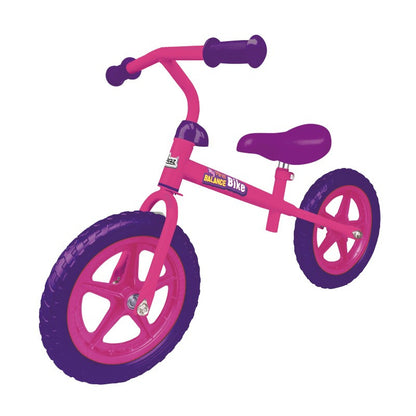 The Ozbozz My First Balance Bike, available in a vibrant pink and purple color, features puncture-proof black tires and a small adjustable seat. Its simple design includes handlebars without pedals and prominently showcases the "Balance Bike" sticker on its frame against a plain white background.