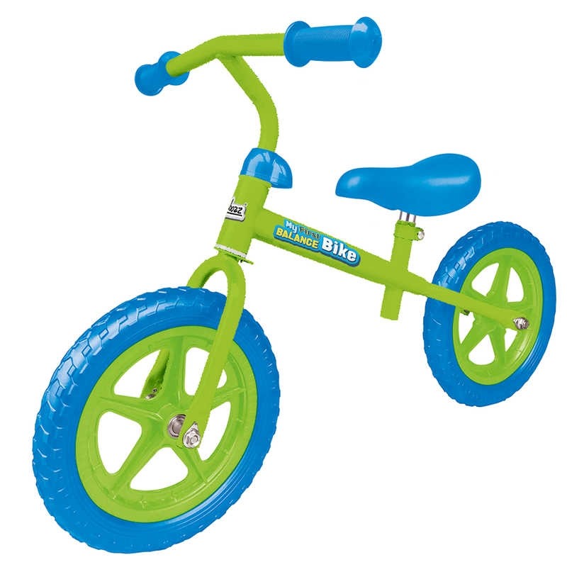 Introducing the Ozbozz My First Balance Bike - Green / Blue, a lively ride ideal for young adventurers. Featuring an adjustable seat, this pedal-free balance bike boasts a vibrant green frame complemented by a blue seat, handle grips, and tires. The sturdy frame prominently showcases the "Balance Bike" label.