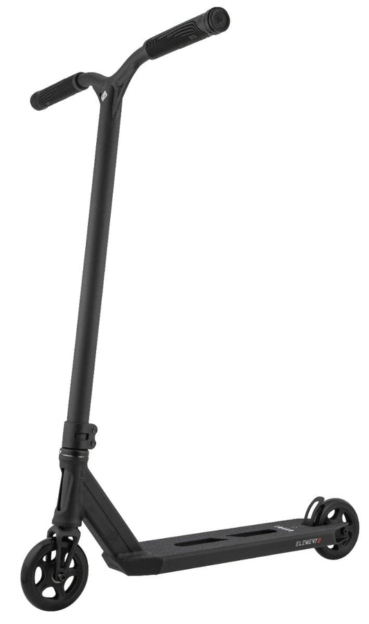 Introducing the Drone Element 2 Feather-Light Complete Stunt Scooter in black, featuring a sleek design with a T-shaped handlebar and Dual-Core Wheels. Its minimalist and modern appearance is complemented by an IHC aluminum fork for enhanced durability.