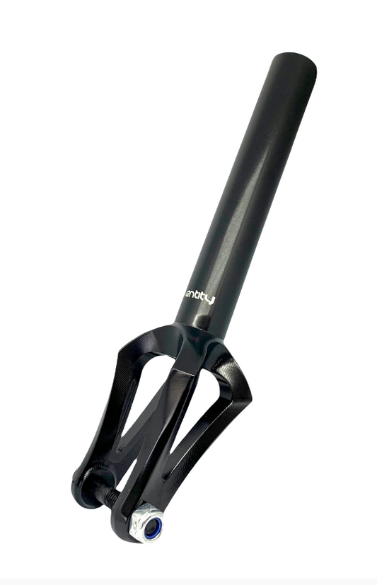 Introducing the Entity Era SCS/HIC Stunt Scooter Forks in black—a sleek and minimalist fork crafted from 6061 aluminum. It features clean lines, a polished finish, and precision CNC machining for enhanced durability. The Entity brand logo is prominently displayed on the extended tube section.