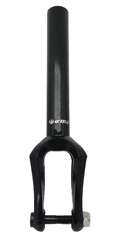 Close-up of a black component from the Entity Era IHC Stunt Scooter Forks, expertly crafted using lightweight aluminum and precision 5-axis CNC machining. The Entity brand logo and "Entity" text are visible on its cylindrical upper section, while a bolt is featured on the triangular lower section.