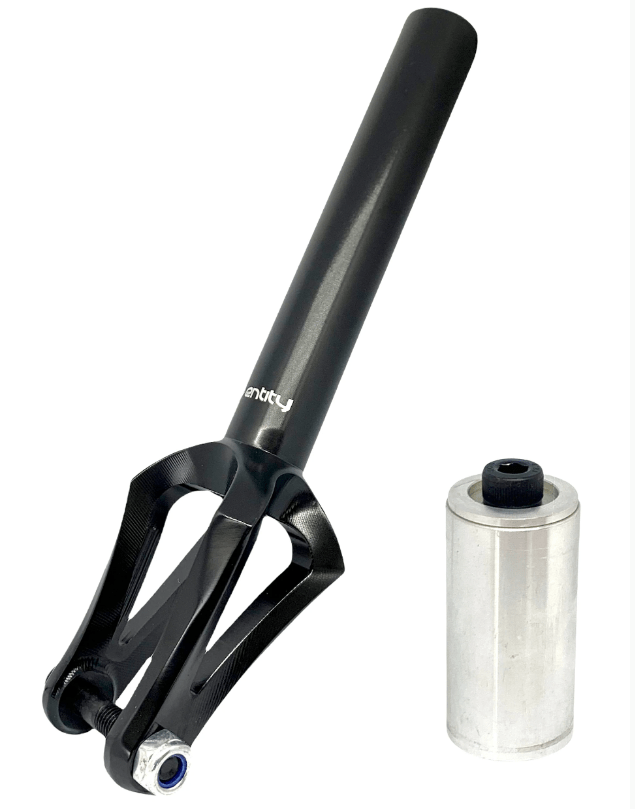 The Entity Era IHC Stunt Scooter Forks in black, made with lightweight aluminium, includes a cylindrical headset spacer. Set against a plain white background, its sleek design and smooth finish reflect the precision of 5-axis CNC machining.