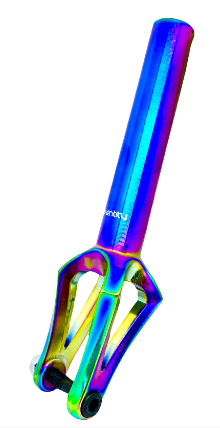 The Entity Era SCS/HIC Stunt Scooter Forks - Neochrome features a vibrant iridescent finish, expertly crafted from lightweight CNC-machined aluminum. It elegantly combines hues of blue, purple, yellow, and green with the Entity brand lettering in white. This fork offers a sleek design and robust construction, ideal for stunt scooter enthusiasts.