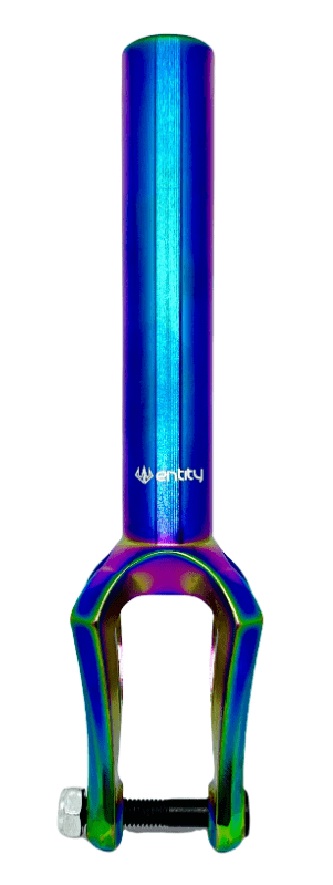 The Entity Era IHC Stunt Scooter Forks in Neochrome showcases a metallic, rainbow gradient from purple to green. Precision-crafted using CNC machining technology, it prominently displays the Entity brand logo near the top. A screw and bolt are located at the bottom of this stylish scooter fork, which is photographed against a clean white background.