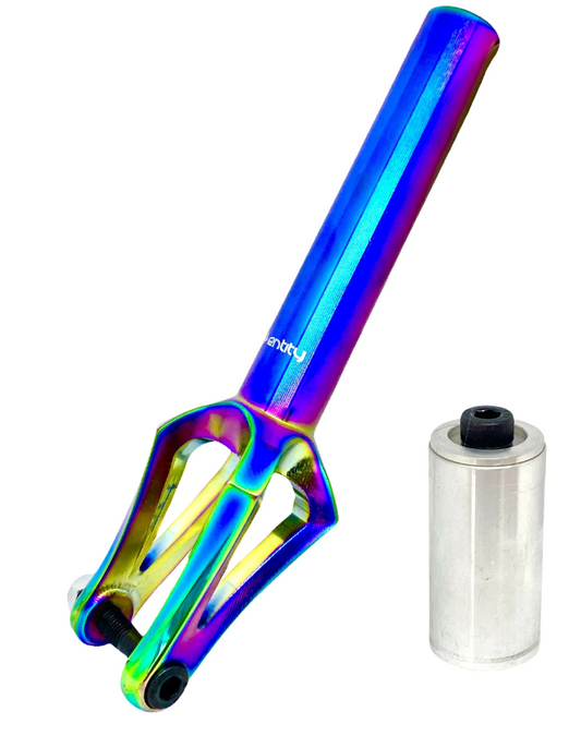 A vibrant Entity Era IHC Stunt Scooter Fork in neochrome, featuring a glossy metallic finish with shades of blue, purple, and green, is situated beside a silver scooter compression system component. Expertly crafted by Entity using CNC machining technology, the fork is lightweight yet durable.