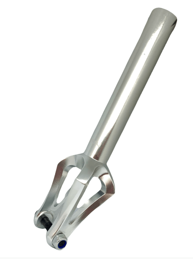 Introducing the Entity Era SCS/HIC Stunt Scooter Forks in Raw finish, a silver aluminum marvel by Entity. This sophisticated design showcases dual prongs at the base and a cylindrical tube reaching upwards. Its shiny, reflective surface highlights expert CNC machining and craftsmanship, making it perfect for stunt scooters with its lightweight aluminum construction.