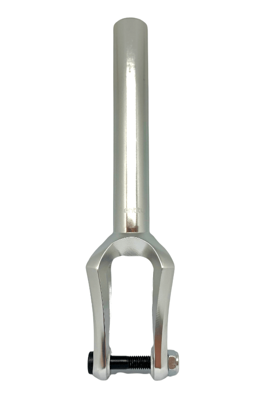 The Entity Era SCS/HIC Stunt Scooter Forks in a raw finish are constructed from lightweight aluminum and precision CNC machined, featuring a threaded bolt at the bottom. The side view, shown on a white background, highlights their sleek form reminiscent of silver metal bicycle forks.