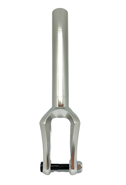 The Entity Era SCS/HIC Stunt Scooter Forks in a raw finish are constructed from lightweight aluminum and precision CNC machined, featuring a threaded bolt at the bottom. The side view, shown on a white background, highlights their sleek form reminiscent of silver metal bicycle forks.