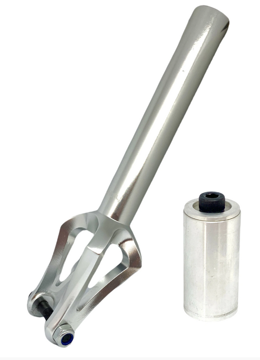 The Entity Era IHC Stunt Scooter Forks - Raw by Entity stand upright next to a metal compression cylinder. This CNC-machined aluminum scooter fork boasts a sleek silver finish and features cutouts for reduced weight, making it perfect for stunt scooters. The plain cylinder is completed with a black bolt on top.