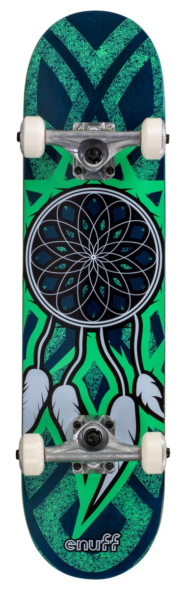 The Enuff Dreamcatcher Blue / Teal Complete Skateboard, measuring 7.75" x 31.5", features a vibrant dreamcatcher design in blue and green with feather accents. It includes Enuff Decade trucks, a robust 7-ply maple deck, and smooth white wheels for an exceptional riding experience.