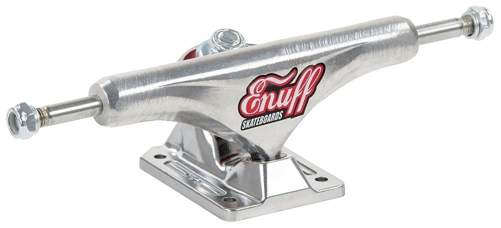 Close-up of a premium Enuff Decade Pro Silver Skateboard Truck, showcasing the pristine finish and iconic Enuff logo in red. Engineered for exceptional turning performance, this metal truck measures 139mm and is securely attached to a rectangular base.