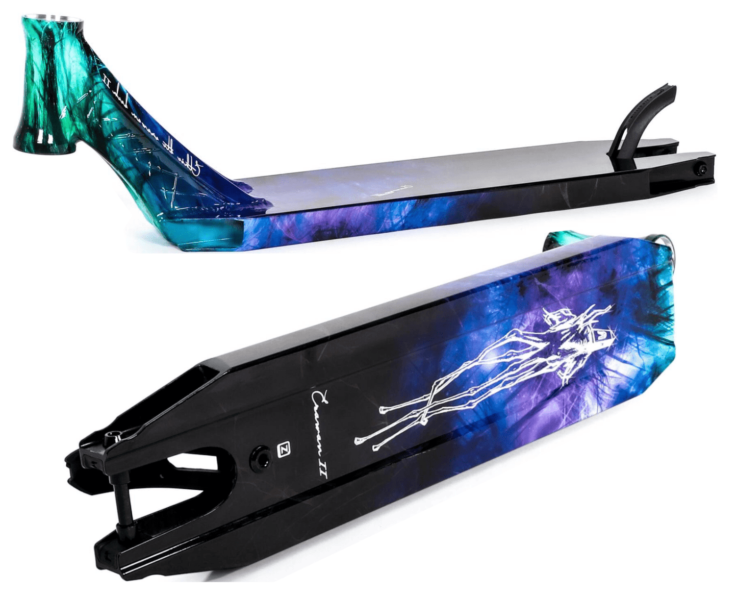 The Ethic DTC Erawan V2 Blue Iridium Stunt Scooter Deck, crafted from sturdy 6065 aluminum, showcases a cosmic design. Its top features a captivating mix of blue, purple, and black tones with a bold white figure illustration. The front and back ends display lively patterns accentuated with touches of green and blue.