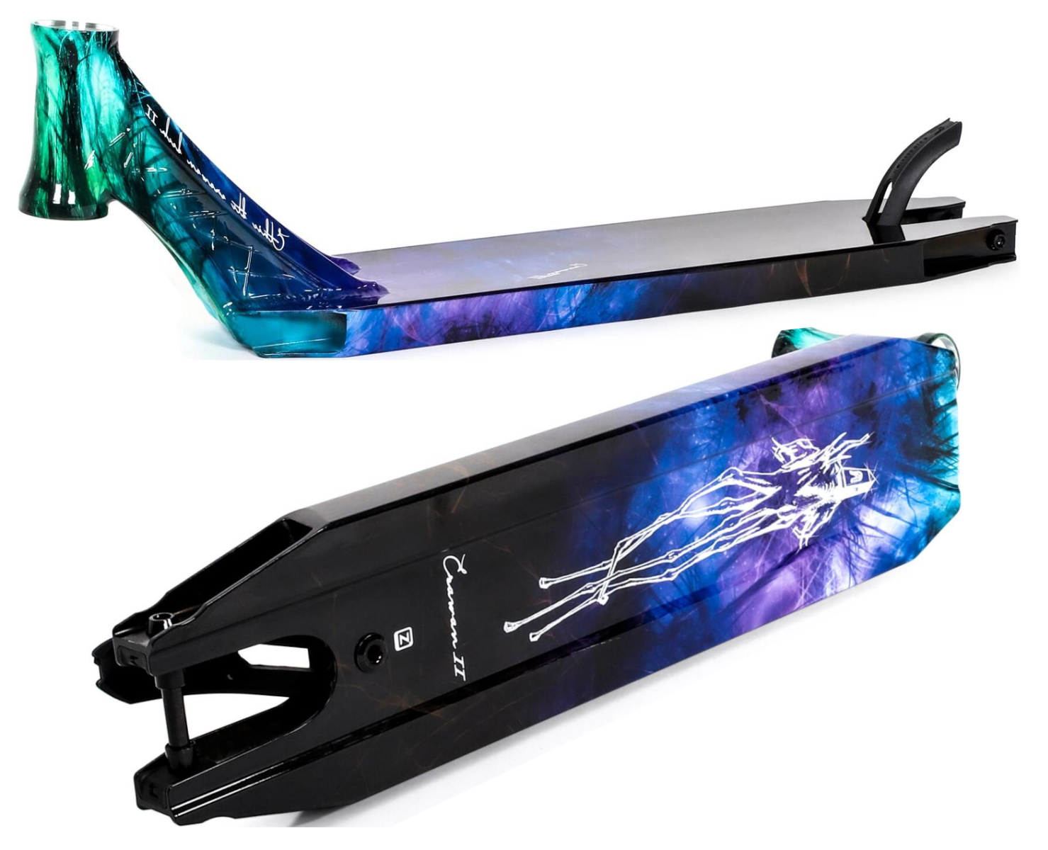 Discover the Ethic DTC Erawan V2 Blue Iridium Stunt Scooter Deck, measuring 4.72" x 21.25". This vibrant deck features a cosmic design in shades of blue, purple, and green, with a minimalist figure illustration on top. Crafted from sleek and artistic aluminum, it is ideal for creating a custom park scooter setup.