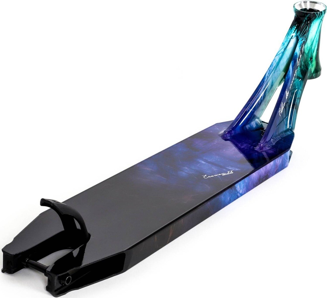 The Ethic DTC Erawan V2 Blue Iridium Stunt Scooter Deck, measuring 4.72" x 21.25", boasts a striking gradient of blue, purple, and green hues. Designed with a sleek aluminium black base and a metal head tube, it beautifully showcases its vibrant colors.