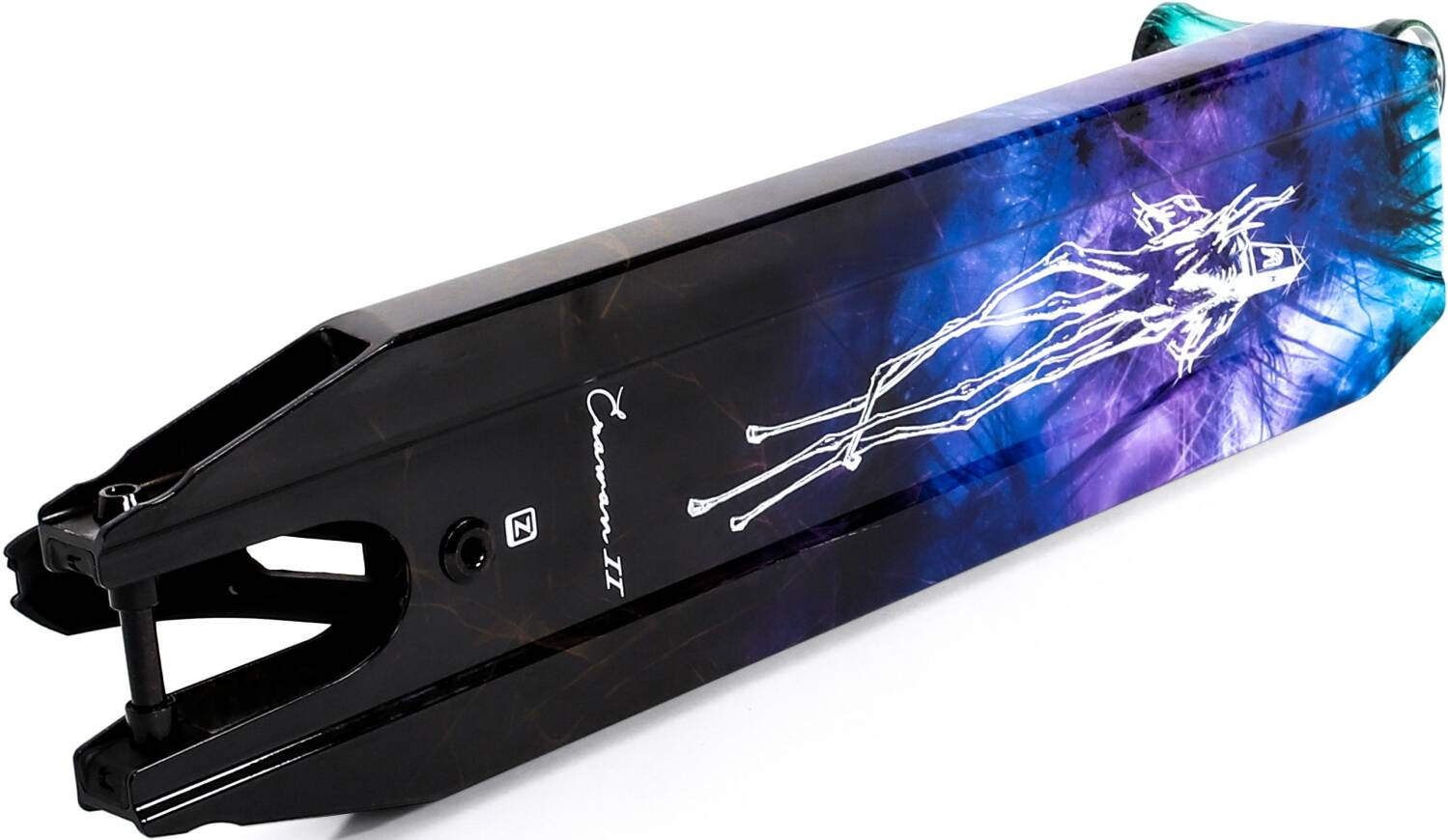 Introducing the Ethic DTC Erawan V2 Blue Iridium Stunt Scooter Deck: A vibrant scooter deck adorned with abstract artwork, showcasing a white outlined figure set against striking blue and purple hues. This deck is perfect for those who value art and performance in one seamless ride.