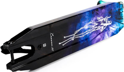 The Ethic DTC Erawan V2 Blue Iridium Stunt Scooter Deck, measuring 4.72" x 21.25", features a stunning abstract artwork in vivid blue and purple tones, complemented by a white line drawing of a human figure. The aluminum deck's angular sides emphasize its sleek, modern design, making it ideal for park use.