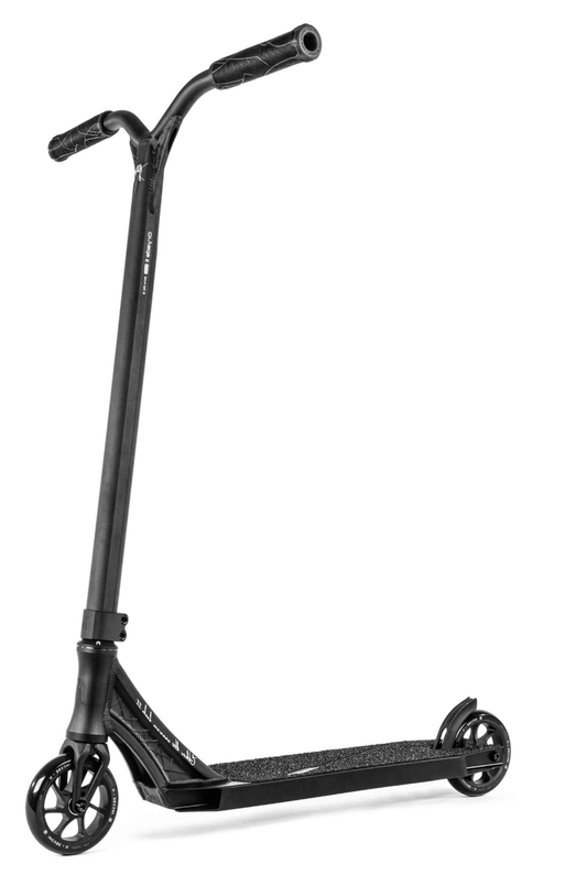 The Ethic DTC Erawan V2 Complete Stunt Scooter (S) - Black is designed with a sleek, upright structure. Known for its modern and minimalistic appearance, it includes a T-bar handle with textured grips, a non-slip deck, and two wheels. As one of the lightest scooters available, it showcases an angled position that emphasizes its contemporary style.