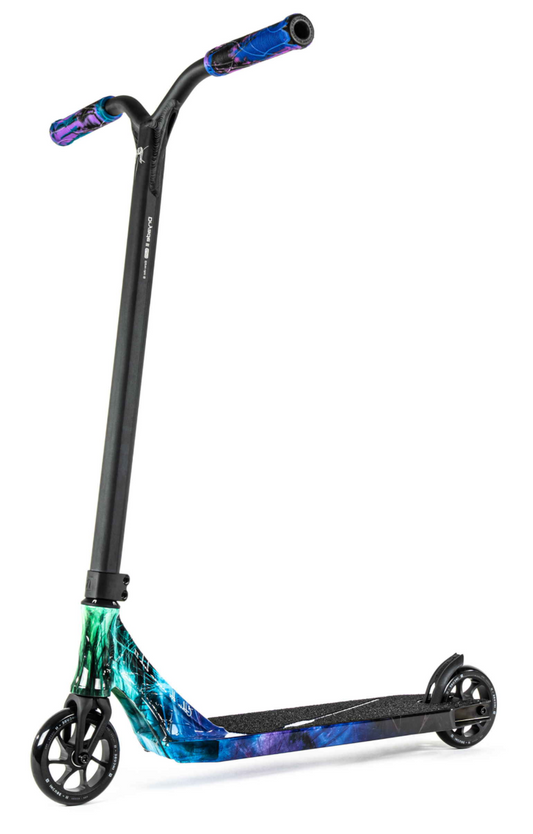 Introducing the Ethic DTC Erawan V2 Complete Stunt Scooter (M) in Blue Iridium, a vibrant and colorful scooter featuring sleek black handlebars and wheels. Its lightweight design showcases an eye-catching deck adorned in shades of blue, green, and purple. Shining brilliantly against a white background, this scooter is ideal for effortless tricks and stunts.