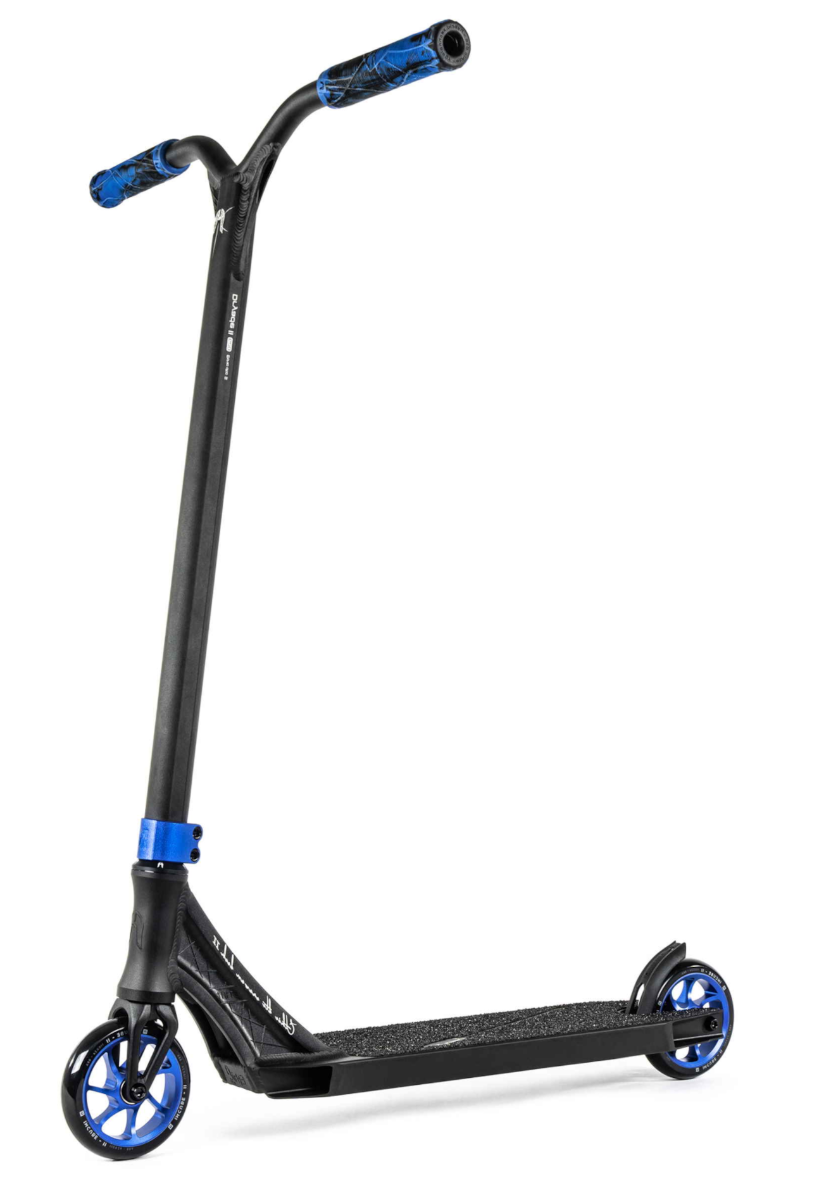 Standing on a white background, the Ethic DTC Erawan V2 Complete Stunt Scooter (M) in Blue from Ethic features a black design with blue accents, including handles and wheels, along with a textured deck. It is recognized for being one of the lightest scooters equipped with IHC compression.