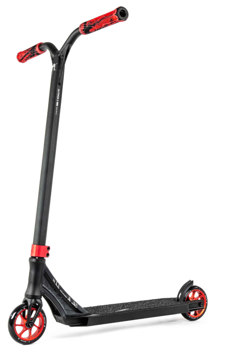 The Ethic DTC Erawan V2 Complete Stunt Scooter in its striking red design features stylish black handlebar grips and wheel details. Equipped with IHC compression and a textured grip deck, this scooter's robust frame and contemporary design are emphasized by the subtly angled front wheel.