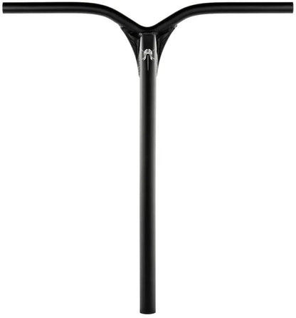 The Ethic DTC Dryade V2 Aluminium ICS/IHC Stunt Scooter Bars in black, measuring 570mm by 560mm, feature a T-shaped design crafted from lightweight aluminum and are adorned with an intricate metallic spider decoration where the handles meet the main bar, all showcased against a plain white background to highlight their sleek design.