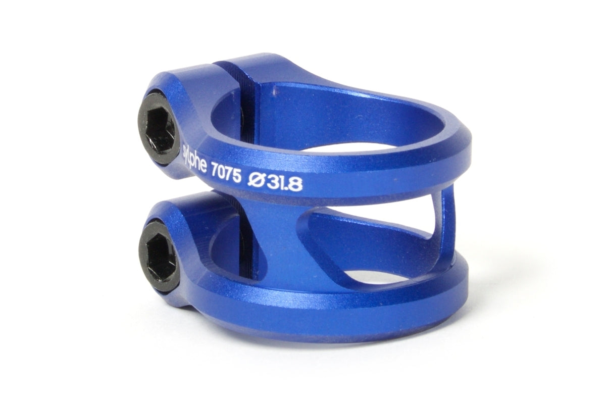 The Ethic DTC Sylphe 2 Bolt Standard Stunt Scooter Clamp in blue is a lightweight product made from durable 7075 aluminum, featuring two secure bolts and labeled "Ø31.8.