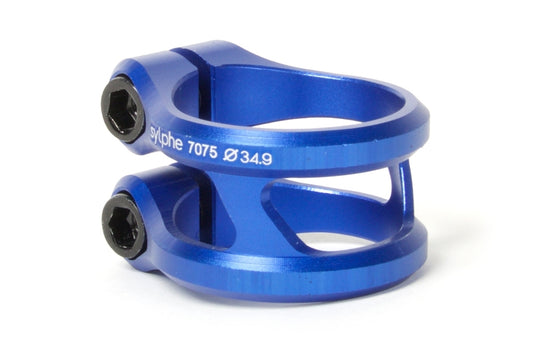 Inspired by the lightweight design of a stunt scooter, the Ethic DTC Sylphe 2 Bolt Oversized Stunt Scooter Clamp in blue seamlessly combines functionality and style, featuring two hex bolts and engraved with "cyclete 7075 Ø 34.9.